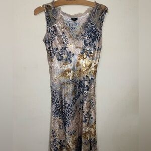 KOMAROV Leopard Floral Print Charmeuse Lace Stretch Travel Friendly Midi Dress M